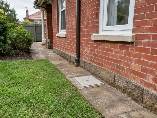 Flush capped sewer access cover beside a brick house and concrete path in Stanmore